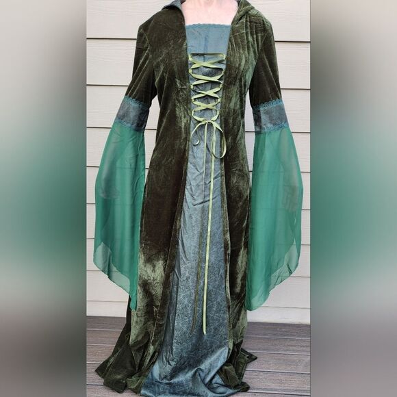 ⏭️NWT Green Medieval Renaissance Hooded Trumpet Sleeve Dress Large - Picture 3 of 15